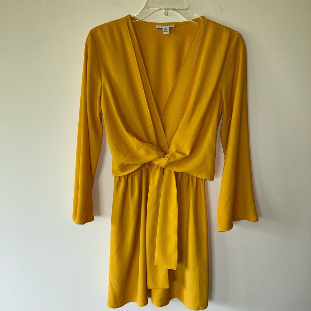 Topshop yellow gold mini dress, long bell sleeves, size 2, EUC
